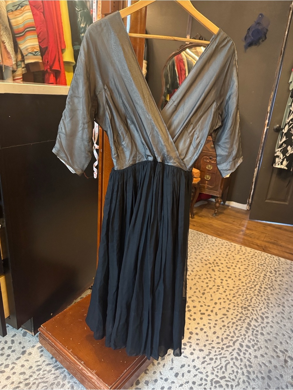 Vintage Silver Wrap Bodice Black Midi Dress